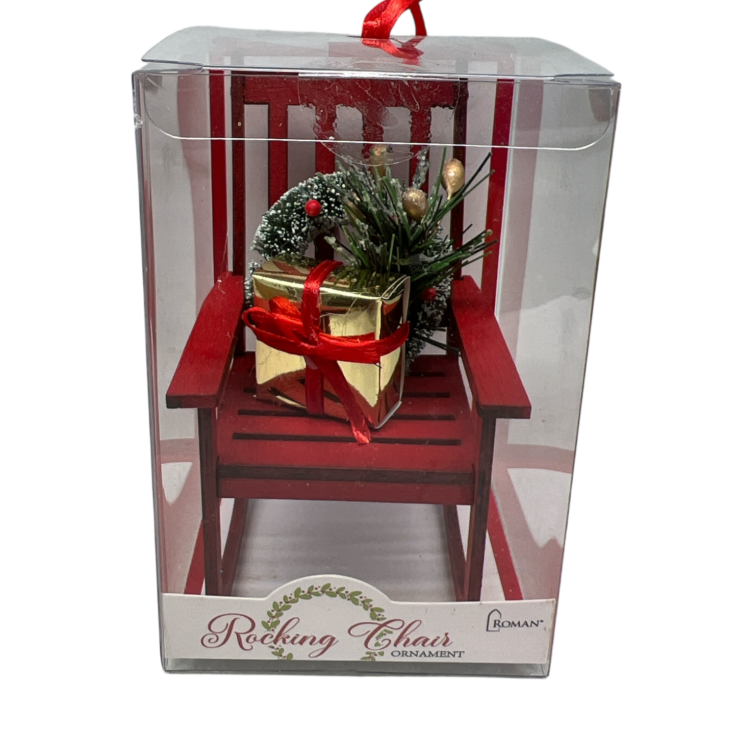 Wooden rocking chair ornament red with gold gift and pine sprig in clear box by Roman on Tampa Home & Garden Store