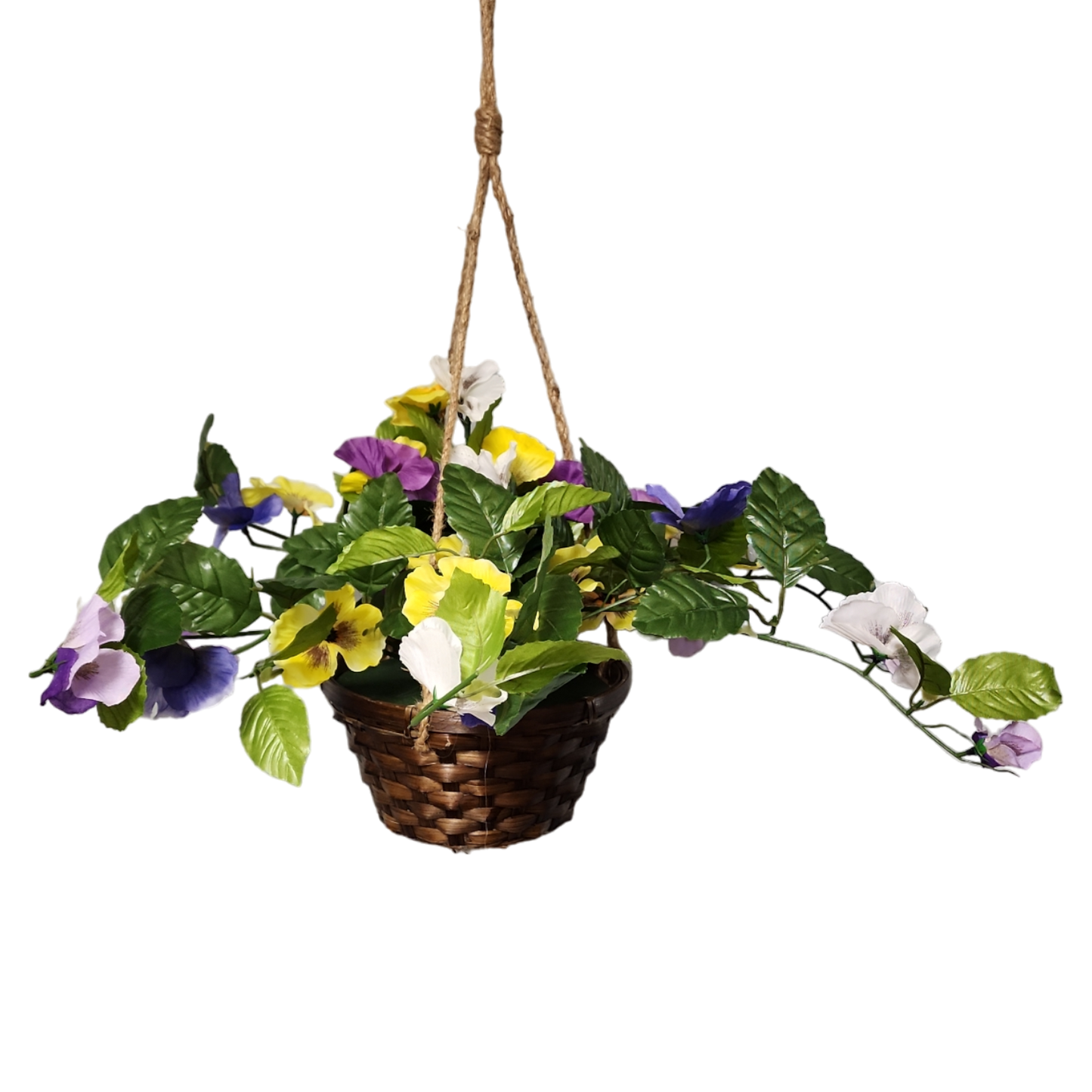 Artificial trailing pansy flowers in a hanging 8-inch bamboo basket with multicolor blooms on Tampa Home & Garden Store