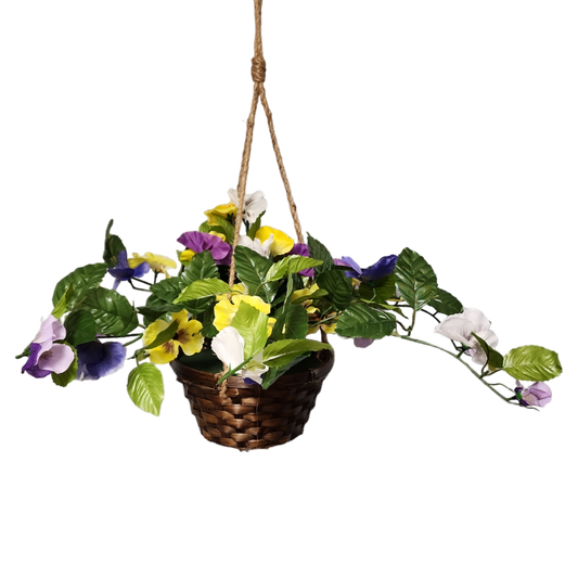 Artificial trailing pansy flowers in a hanging 8-inch bamboo basket with multicolor blooms on Tampa Home & Garden Store
