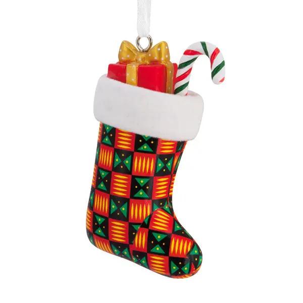 Mahogany stocking ornament with colorful quilted pattern, candy cane and gift inside on Tampa Home & Garden Store