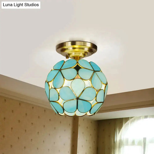 Victorian stained glass flower ceiling light turquoise petal glass with gold-tone frame on Tampa Home & Garden Store