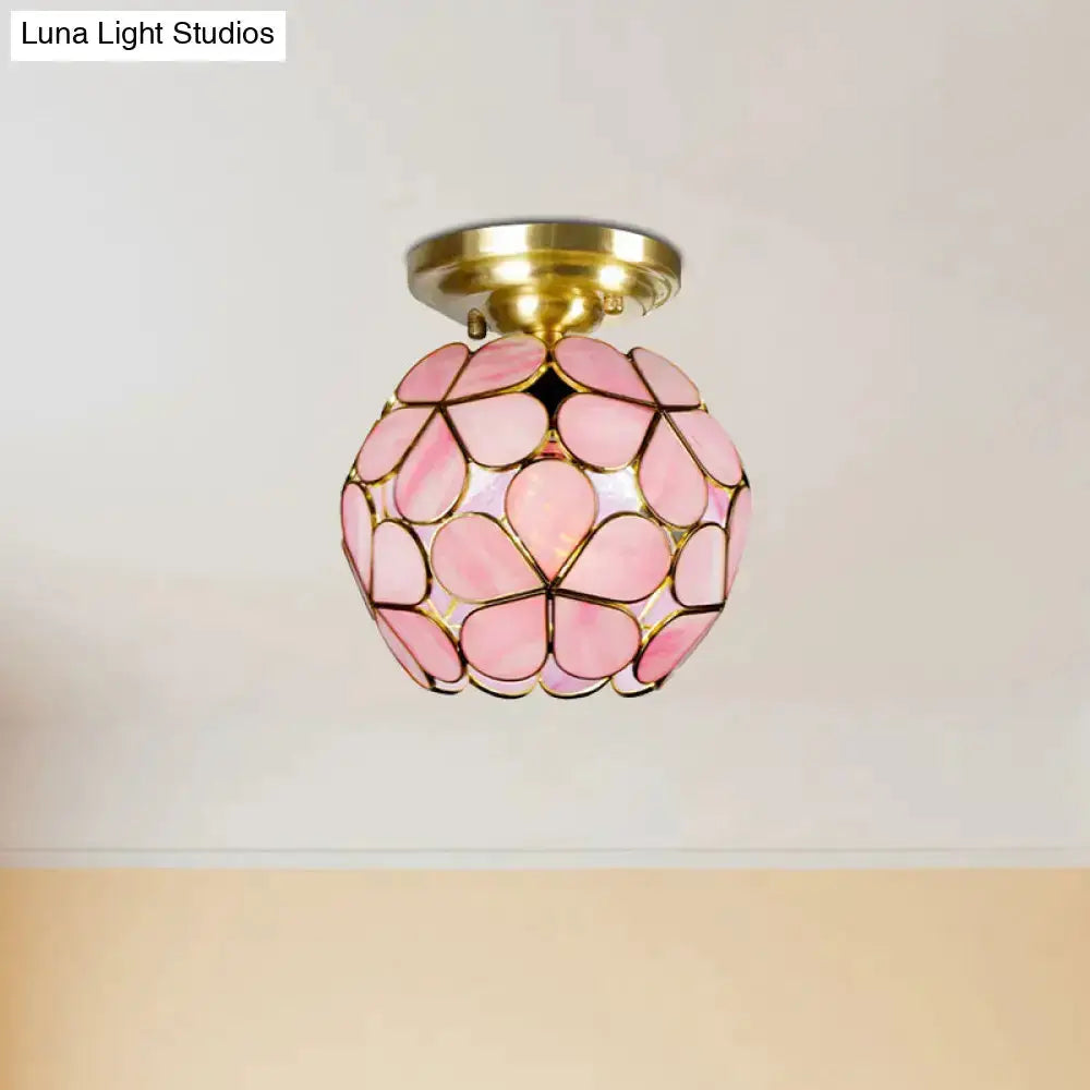 Victorian Stained Glass Flower Ceiling Light Decorbites pink glass petal shade brass mount on Tampa Home & Garden Store