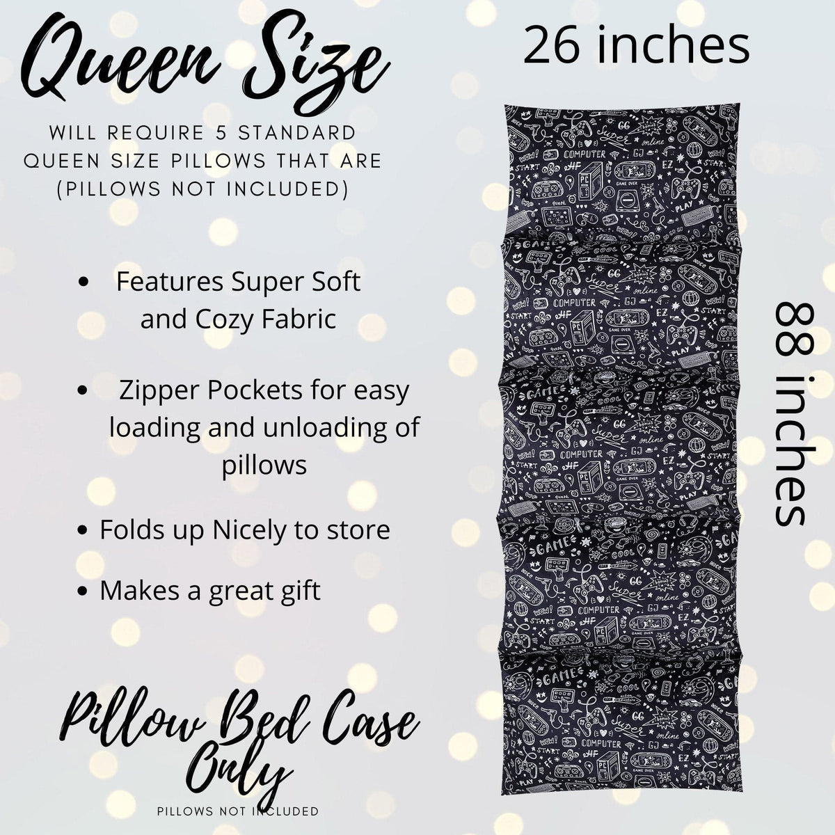 Video Gamer Pillow Bed Slipcover black and white gaming print for queen size lounger on Tampa Home & Garden Store