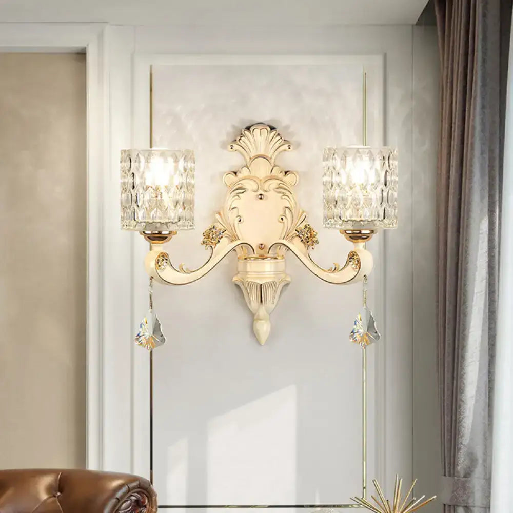Decorbites gold crystal wall sconce, vintage beige finish, double-arm with crystal shades on Tampa Home & Garden Store