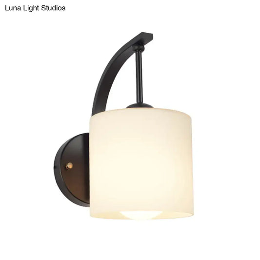 Vintage Black Glass Wall Sconce with Curved Arm - White Cylindrical Wall Lighting - Tampa Home & Garden Store