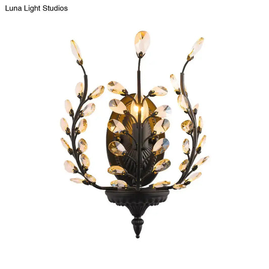 Vintage metal flower wall sconce with crystal teardrop accents, black finish by Decorbites on Tampa Home & Garden Store