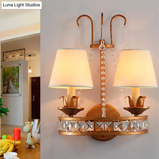 Vintage Fabric Cone Wall Lamp with Crystal Accent and Brass Finish - 2 Bulbs Included - Tampa Home & Garden Store