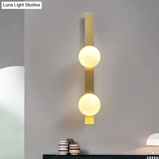 Vintage Brass Linear Wall Light with Orb Ivory Glass Shade - Metallic Sconce Lamp (2-Head Fixture) - Tampa Home & Garden Store