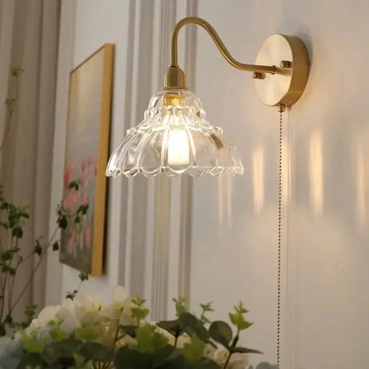 Vintage brass LED wall sconce with glass scalloped shade and pull chain, Decorbites on Tampa Home & Garden Store