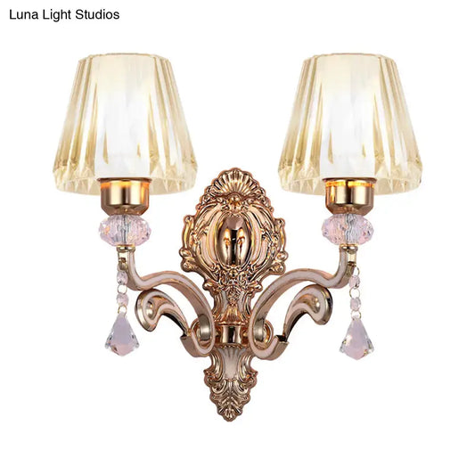Vintage Cone Wall Lamp - Metal 2-Light Brass Sconce with Clear Glass Shade and Crystal Accent - Tampa Home & Garden Store