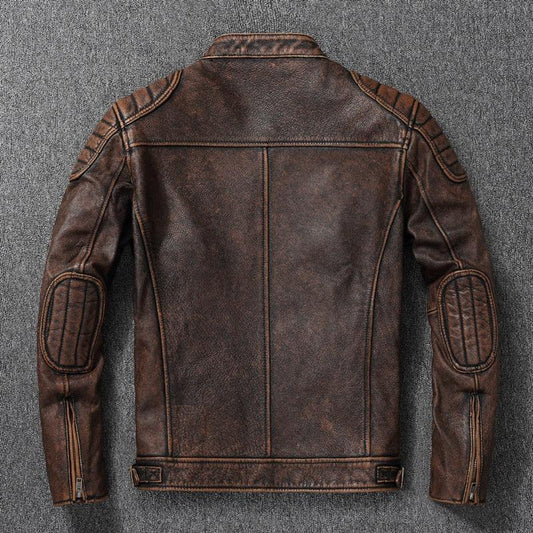 Leather motorcycle jacket for men vintage brown Stevvex genuine leather outerwear back view on Tampa Home & Garden Store