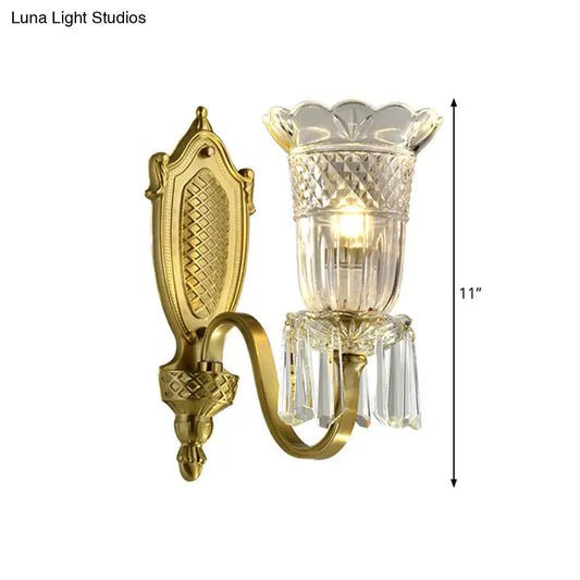 Vintage Floral Wall Light with Clear Crystal Glass Shade in Gold - 1 Light, Wall Mounted Lamp - Tampa Home & Garden Store