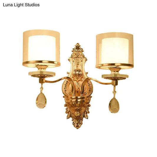 Vintage Gold Finish Cylinder Sconce Light: Metal Wall Fixture with Double Glass Shade and Crystal Décor - Tampa Home & Garden Store