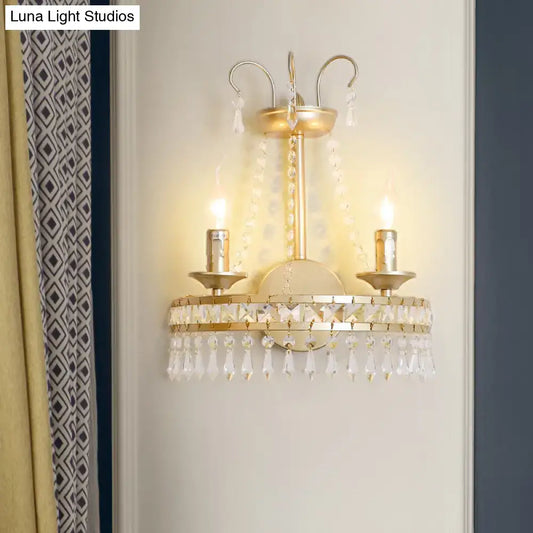Vintage Gold Wall Lamp with Crystal Accent - Metallic Exposed 2-Light Fixture for Hallway - Tampa Home & Garden Store