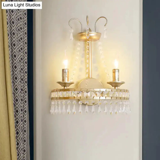 Vintage gold crystal two-light wall lamp by Decorbites with hanging prisms for hallway on Tampa Home & Garden Store