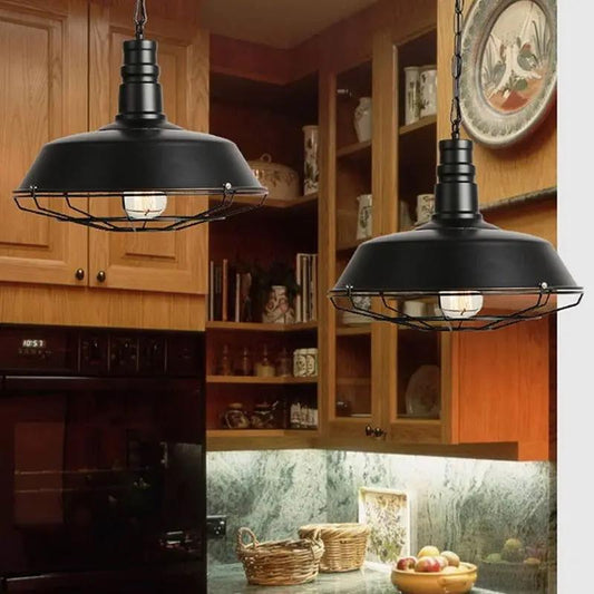 Vintage retro iron pendant lamps, pair black metal with wire guard, Decorbites kitchen lighting on Tampa Home & Garden Store