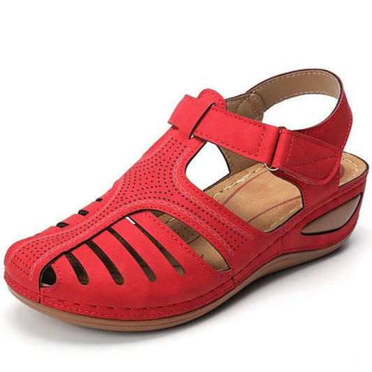 Stevvex red women's platform sandal with perforated closed-toe upper and ankle strap wedge heel on Tampa Home & Garden Store