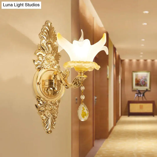 Vintage Style Petal Wall Sconce – Opal Glass 1/2-Bulb Gold Wall Light with Crystal Teardrop Deco - Tampa Home & Garden Store