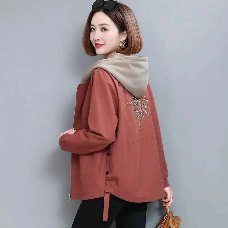 Vintage-style rust hooded windbreaker jacket with gray hood, star back embroidery, zip pockets on Tampa Home & Garden Store