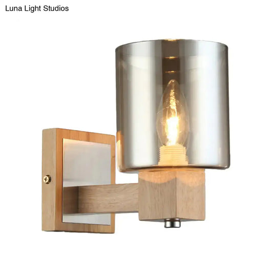 Vintage 1-Light Wall Mount Lamp with Smoke Glass Shade - Natural Wood Cylindrical Sconce Fixture - Tampa Home & Garden Store