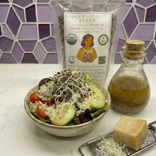 Sprout Spout Violet Vitality Blend Starter Kit with seed bag and sprouts in bowl on Tampa Home & Garden Store