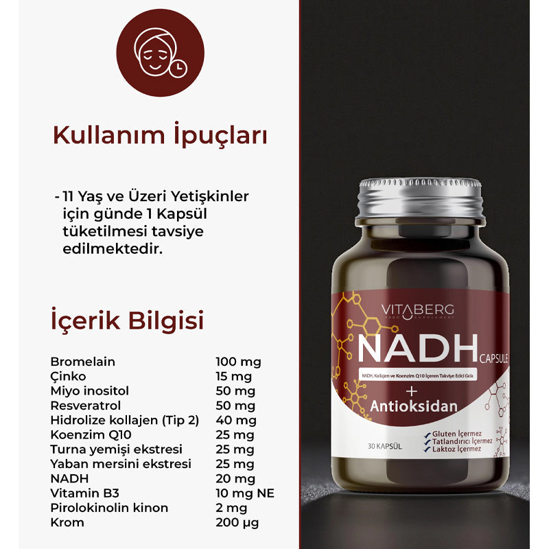 Vitaberg NADH antioxidant supplement amber bottle with CoQ10 & Resveratrol, 30 capsules on Tampa Home & Garden Store