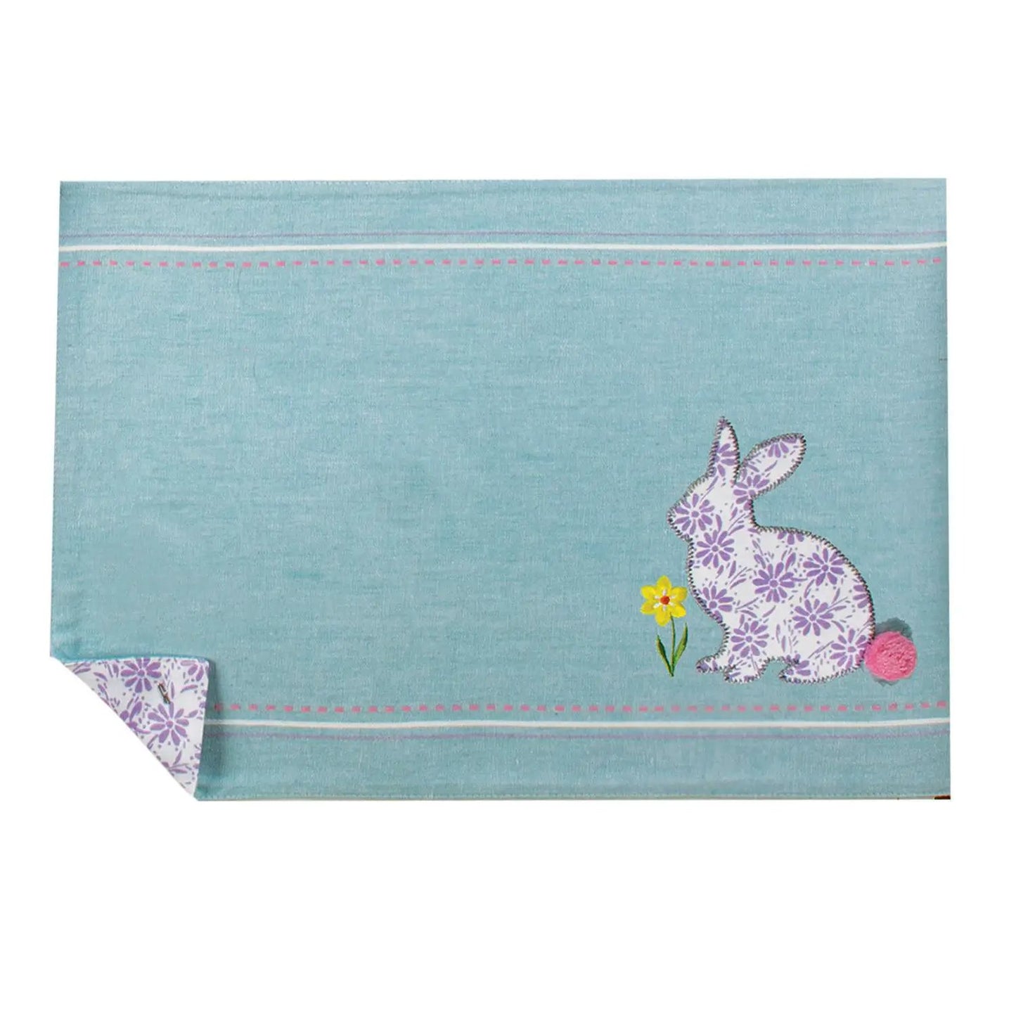 Spring Bunny Embroidered Placemat Reversible blue linen with purple bunny motif on Tampa Home & Garden Store
