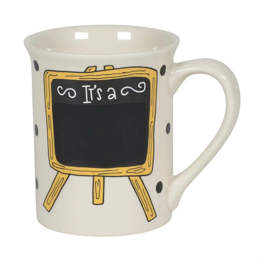 Gender reveal heat mug white ceramic with chalkboard sign framed in yellow on tripod legs on Tampa Home & Garden Store