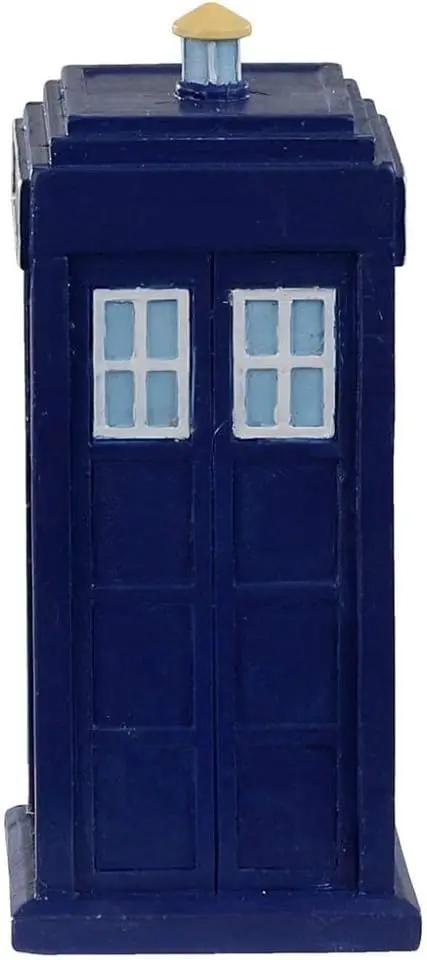 Blue police call box miniature for holiday village display with yellow top on Tampa Home & Garden Store