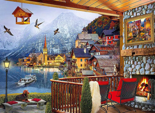 Hallstatt 1000 Piece Puzzle featuring village by a lake on a porch with a stone fireplace on Tampa Home & Garden Store