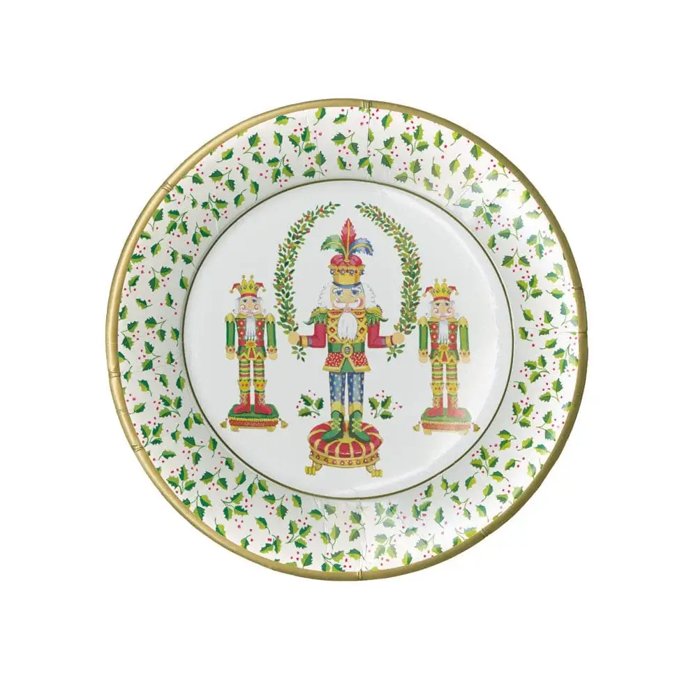 Nutcracker Christmas Salad and Dessert Plates ceramic with holly border and gold rim on Tampa Home & Garden Store