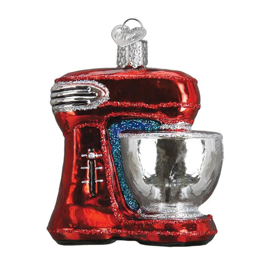 Red stand mixer Christmas ornament with a silver bowl and glitter accents on Tampa Home & Garden Store