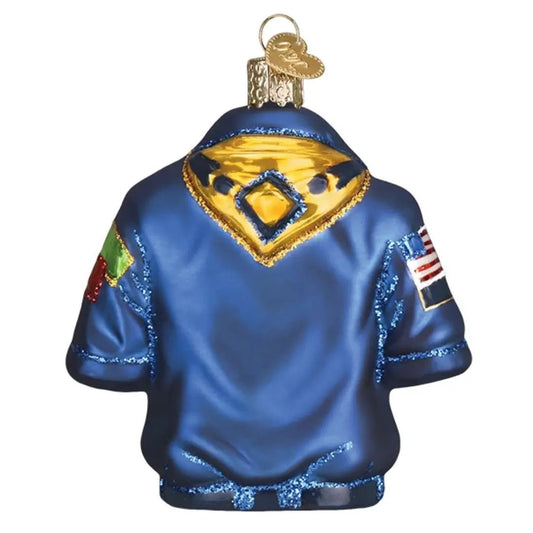 Scout Uniform Ornament in blue satin with gold trim and US flag sleeve patch on Tampa Home & Garden Store