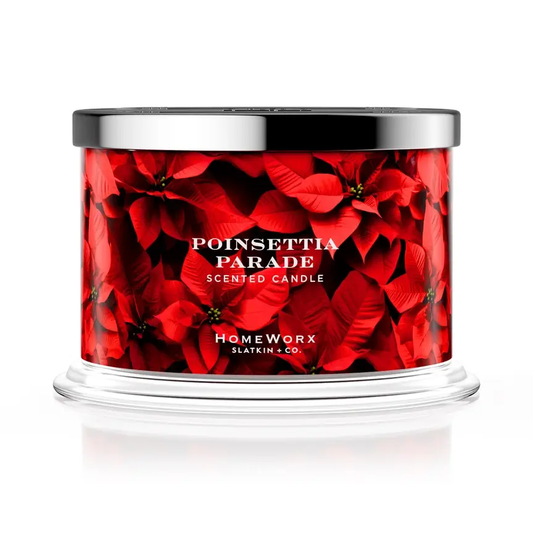 Poinsettia Parade 4-wick scented candle in red poinsettia jar by HomeWorx Slatkin & Co on Tampa Home & Garden Store