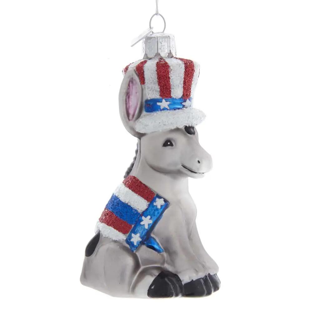 Noble Gems political donkey ornament, glass, patriotic red white blue hat and scarf Kurt Adler on Tampa Home & Garden Store