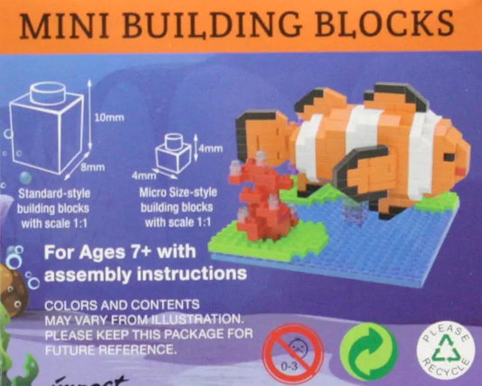 Mini Building Blocks Clown Fish Set orange and white clownfish on a blue baseplate with coral accents on Tampa Home & Garden Store