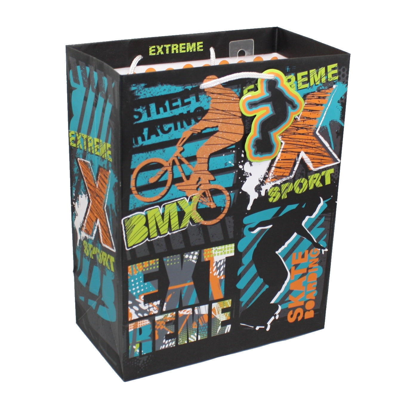 Extreme Sport Happy Birthday Gift Bag with BMX graffiti and white handles on Tampa Home & Garden Store