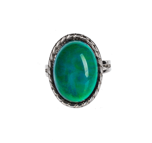 Mood Ring with emerald-green oval gemstone in a silver twisted-rope bezel on Tampa Home & Garden Store