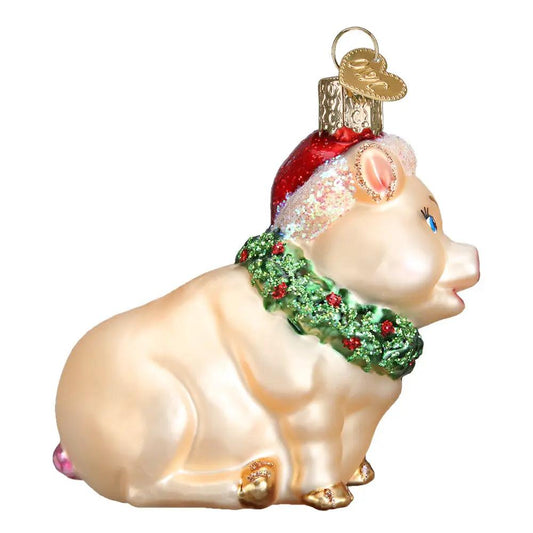 Holly Pig Glass Ornament cream pig with glitter holly wreath and gold topper on Tampa Home & Garden Store