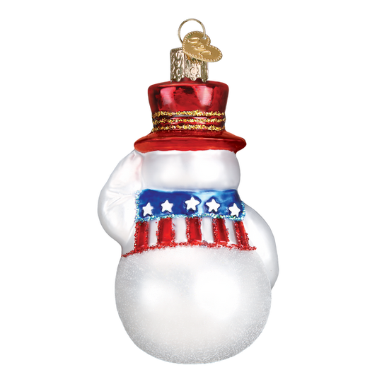 Patriotic snowman ornament with red hat and blue star-spangle scarf, glittery finish on Tampa Home & Garden Store