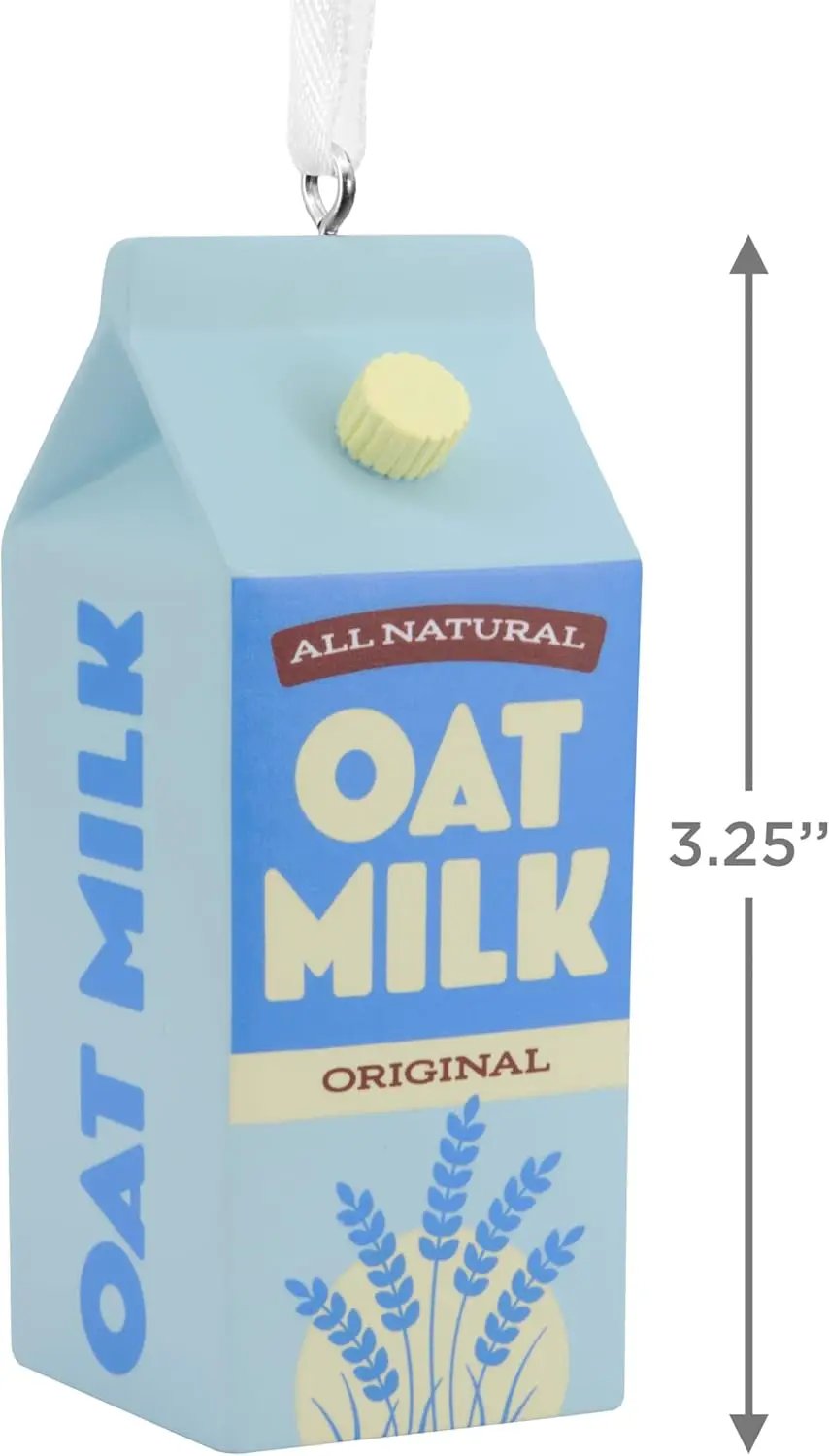 Oat milk carton ornament, light blue with cream label, 3.25in tall, hanging from ribbon on Tampa Home & Garden Store