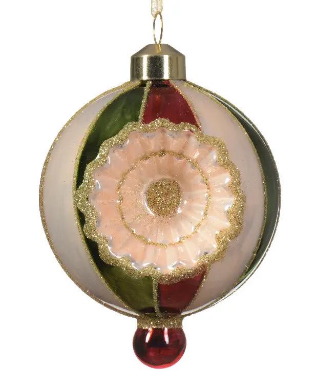 Retro glass reflector ornament with red and green stripes, pink floral center, gold glitter accents on Tampa Home & Garden Store