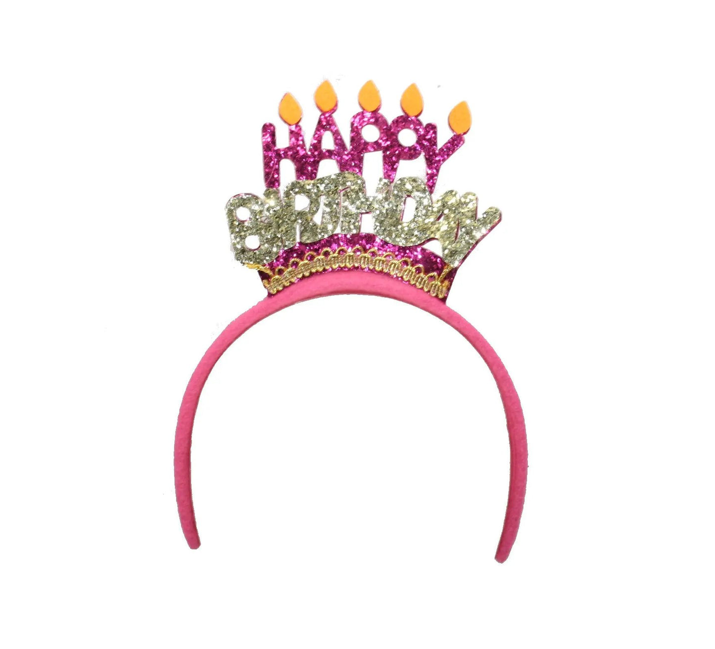 Happy Birthday tiara headband in pink glitter with yellow candle flames on Tampa Home & Garden Store