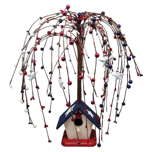 Americana Willow Tree Birdhouse with Stars; patriotic blue roof, red base, star accents on Tampa Home & Garden Store