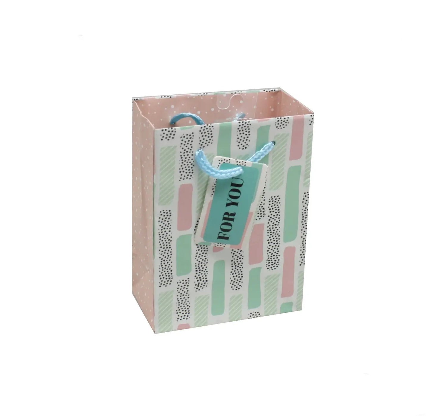 Small pastel gift bag with turquoise rope handles and pink mint geometric pattern FOR YOU tag on Tampa Home & Garden Store