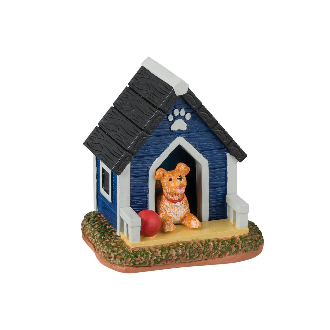 Fluffy's House blue cottage with black roof white trim orange dog in doorway on green base on Tampa Home & Garden Store