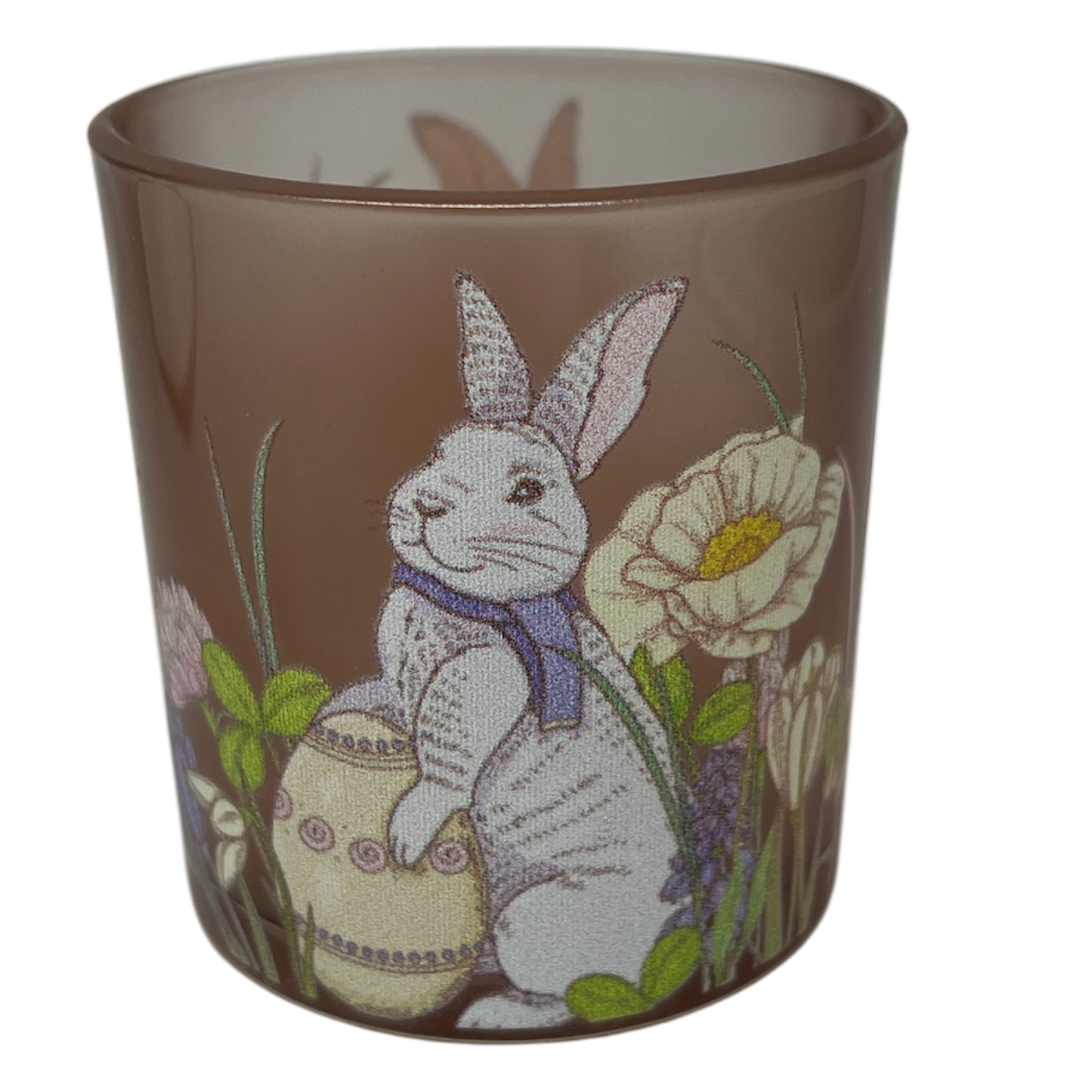 Easter themed candle holder featuring a white bunny among flowers on brown glass on Tampa Home & Garden Store