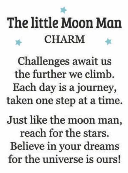 Little Moon Man pocket charm label with blue star accents and inspirational quote on white background on Tampa Home & Garden Store