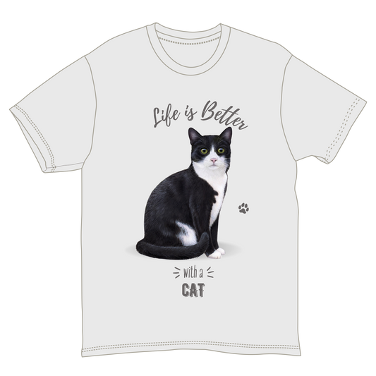 T-shirt white with black and white cat graphic and Life is Better text on front on Tampa Home & Garden Store