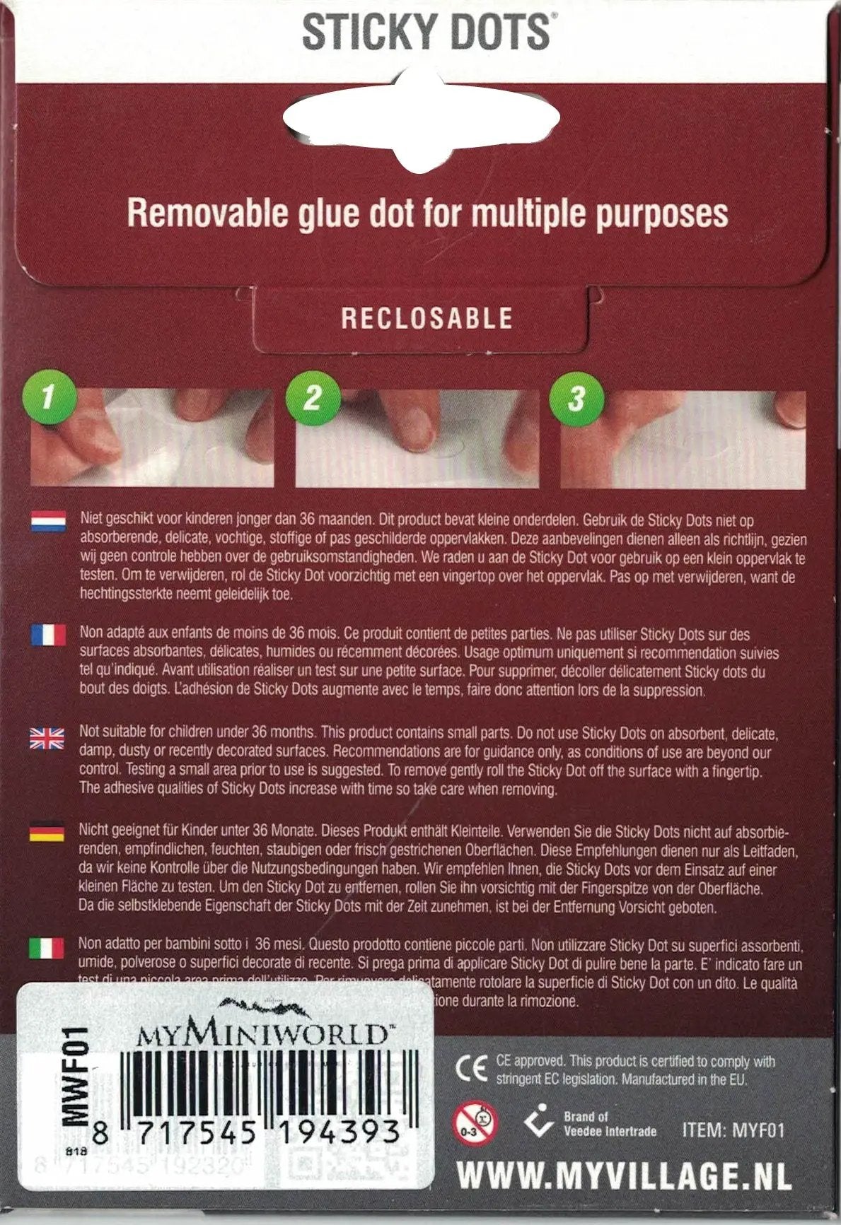 Sticky Dots removable glue dots for labels & tags, maroon packaging with MyVillage branding on Tampa Home & Garden Store